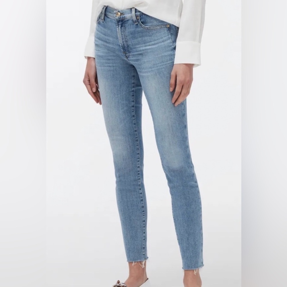 7 For All Mankind Luxe Blue Skinny Jeans Italian Fabric Size 30 illusion Raw Hem
